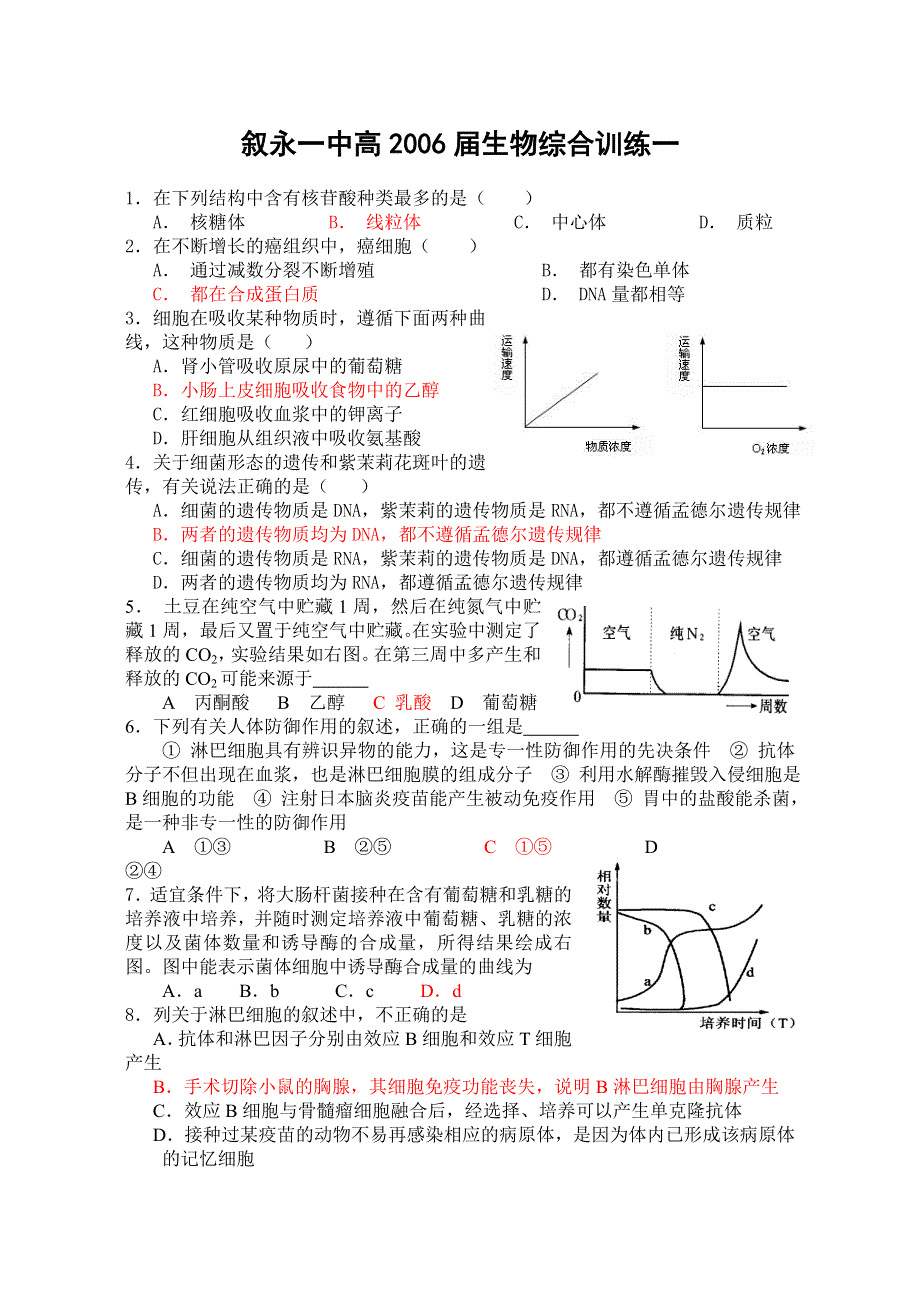 叙永一中高2006届生物综合训练一.doc_第1页