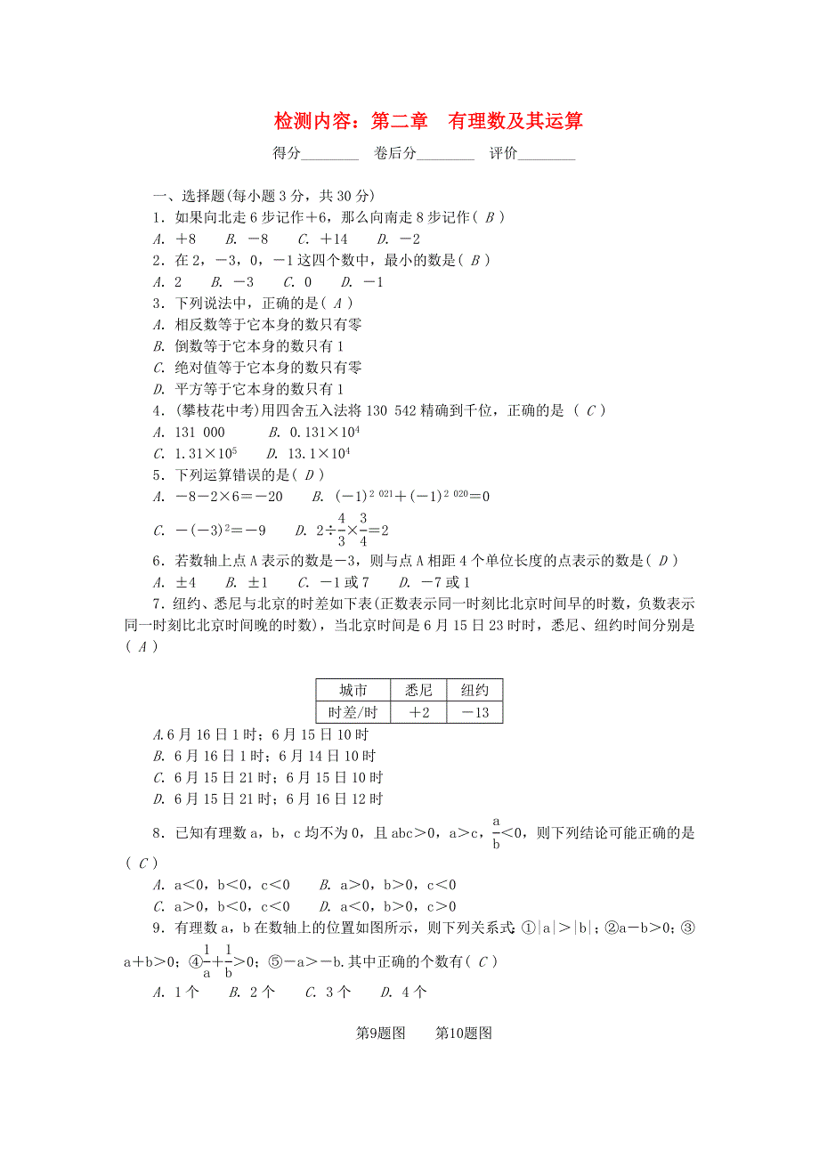 2022七年级数学上册 第二章 有理数及其运算检测 （新版）北师大版.doc_第1页