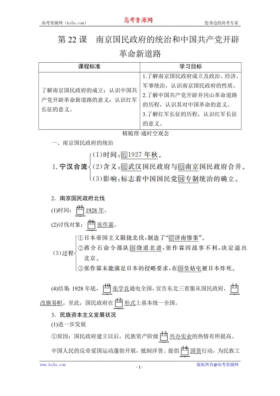 2020历史新教材同步导学提分教程中外历史纲要上册讲义：第七单元 第22课　南京国民政府的统治和中国共产党开辟革命新道路 WORD版含答案.doc_第1页