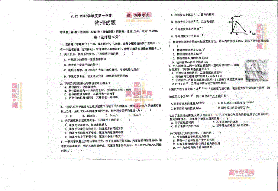 《首发》山东省级规范化学校2012-2013学年高一上学期期中考试 物理 PDF版.pdf_第1页