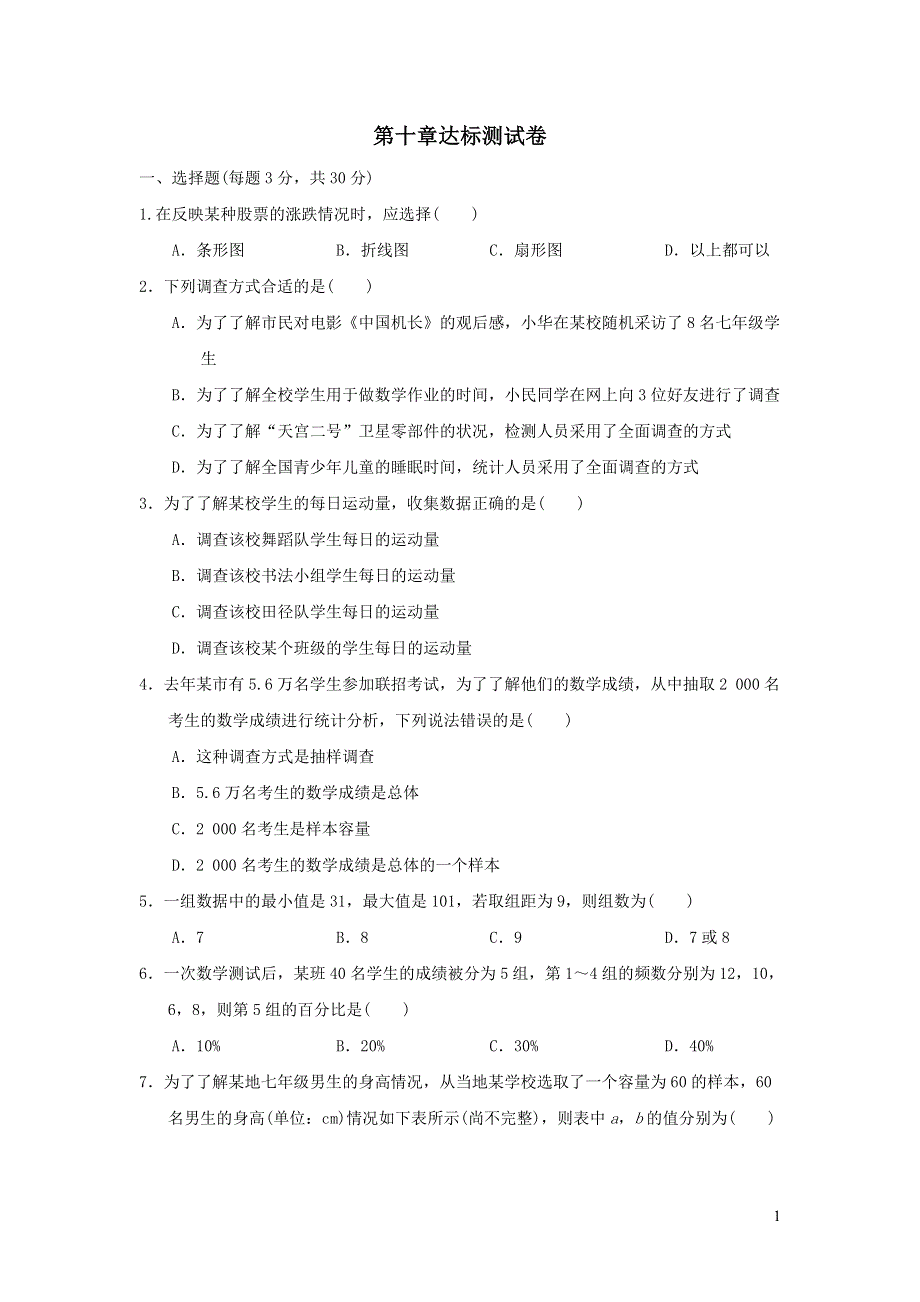 2022七年级数学下册第十章数据的收集整理与描述达标测试卷（新人教版）.doc_第1页