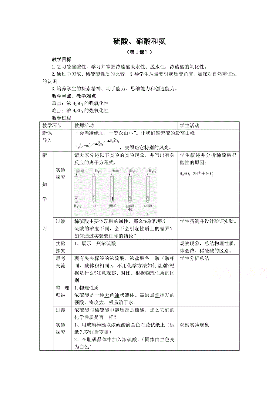 2015年秋高一化学精品教案：4.4硫酸 硝酸和氨1（人教版必修1） .doc_第1页