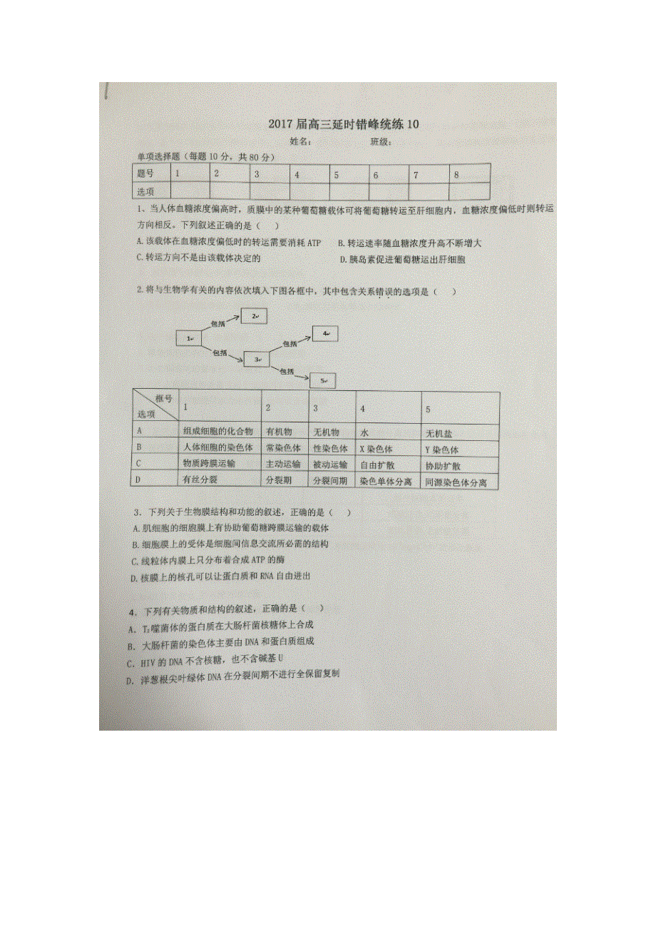 《名校推荐》贵州省贵阳市第六中学2017届高三上学期生物错峰练习（10） 扫描版无答案.doc_第1页