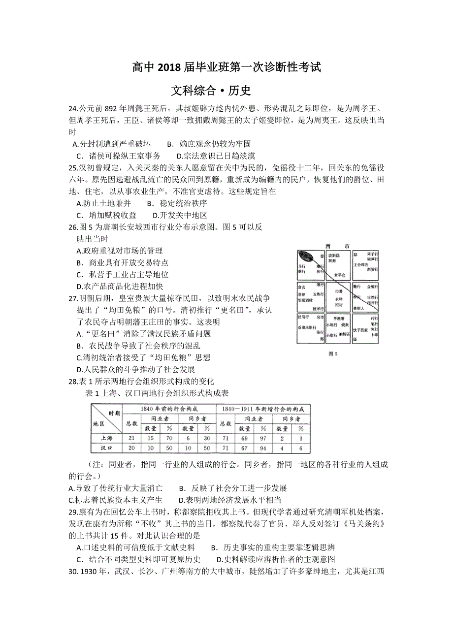 四川省广安、眉山2018届毕业班第一次诊断性考试试题 历史 WORD版含答案.doc_第1页