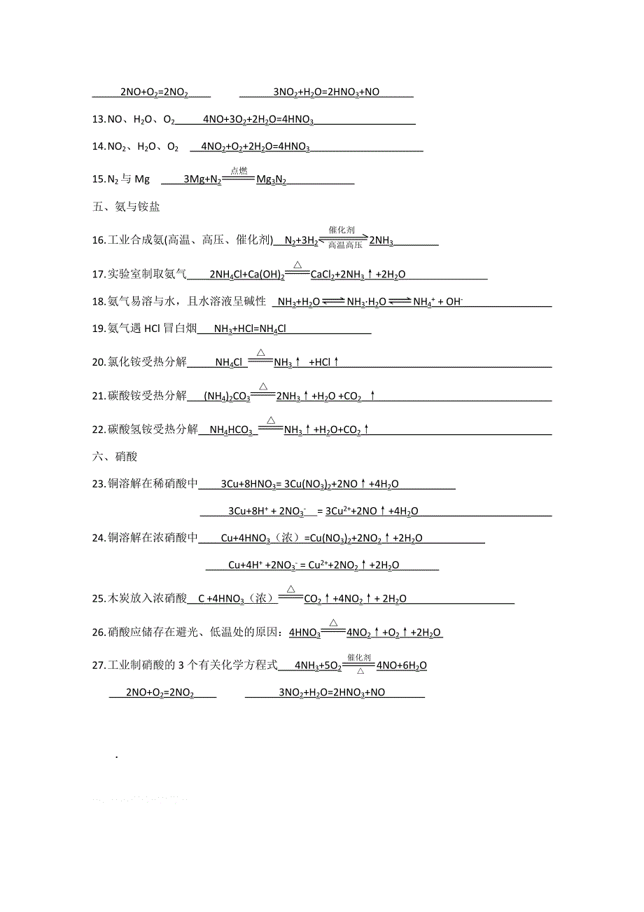 2011高中化学总复习练习12　硫、氮和可持续发展方程式练习参考答案.doc_第2页