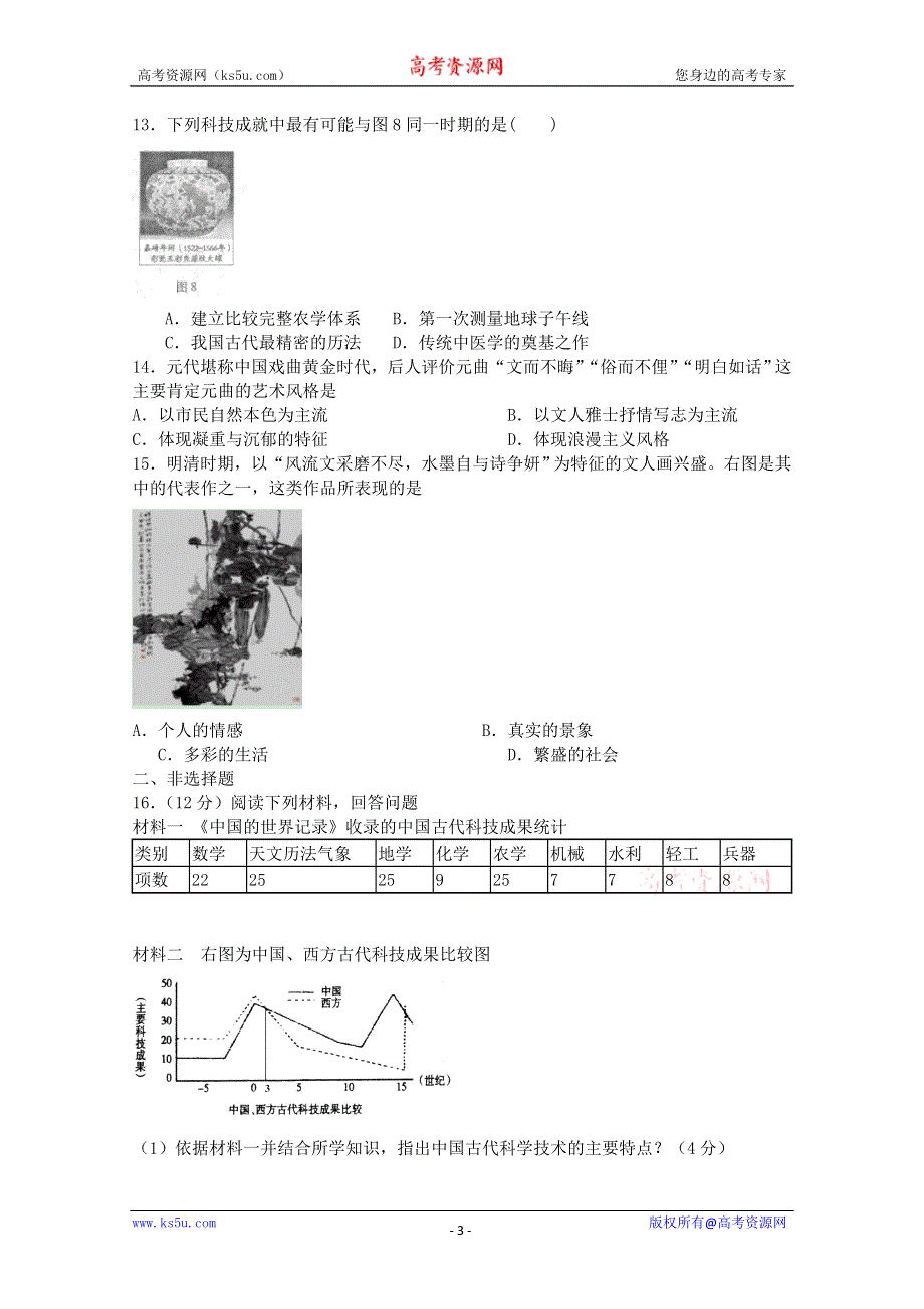 2013届高考历史二轮复习专题检测：古代中国的科技与文化（人民版必修3）.doc_第3页