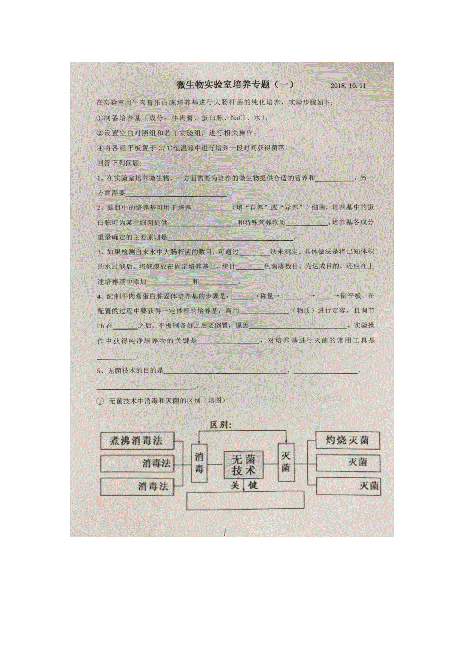 《名校推荐》贵州省贵阳市第六中学2019届高三生物复习练习（扫描版无答案）：微生物实验室培养专题（一）.doc_第1页