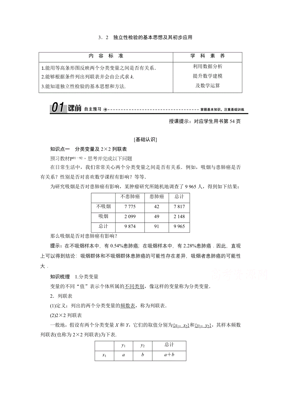 2020-2021学年人教A版数学选修2-3学案：3-2　独立性检验的基本思想及其初步应用 WORD版含解析.doc_第1页