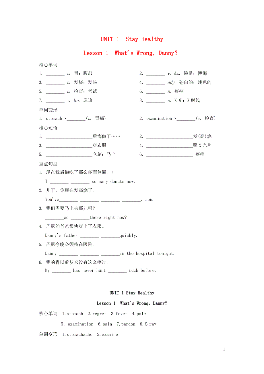 2021九年级英语上册 Unit 1 Stay Healthy Lesson 1 What's Wrong Danny背记手册（新版）冀教版.doc_第1页