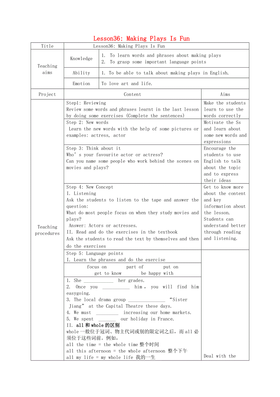 2021九年级英语上册 Unit 6 Movies and Theater Lesson36 Making Plays Is Fun教学设计（新版）冀教版.doc_第1页