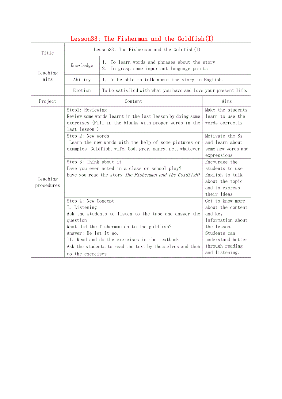 2021九年级英语上册 Unit 6 Movies and Theater Lesson33 The Fisherman and the Goldfish(I) 教学设计（新版）冀教版.doc_第1页