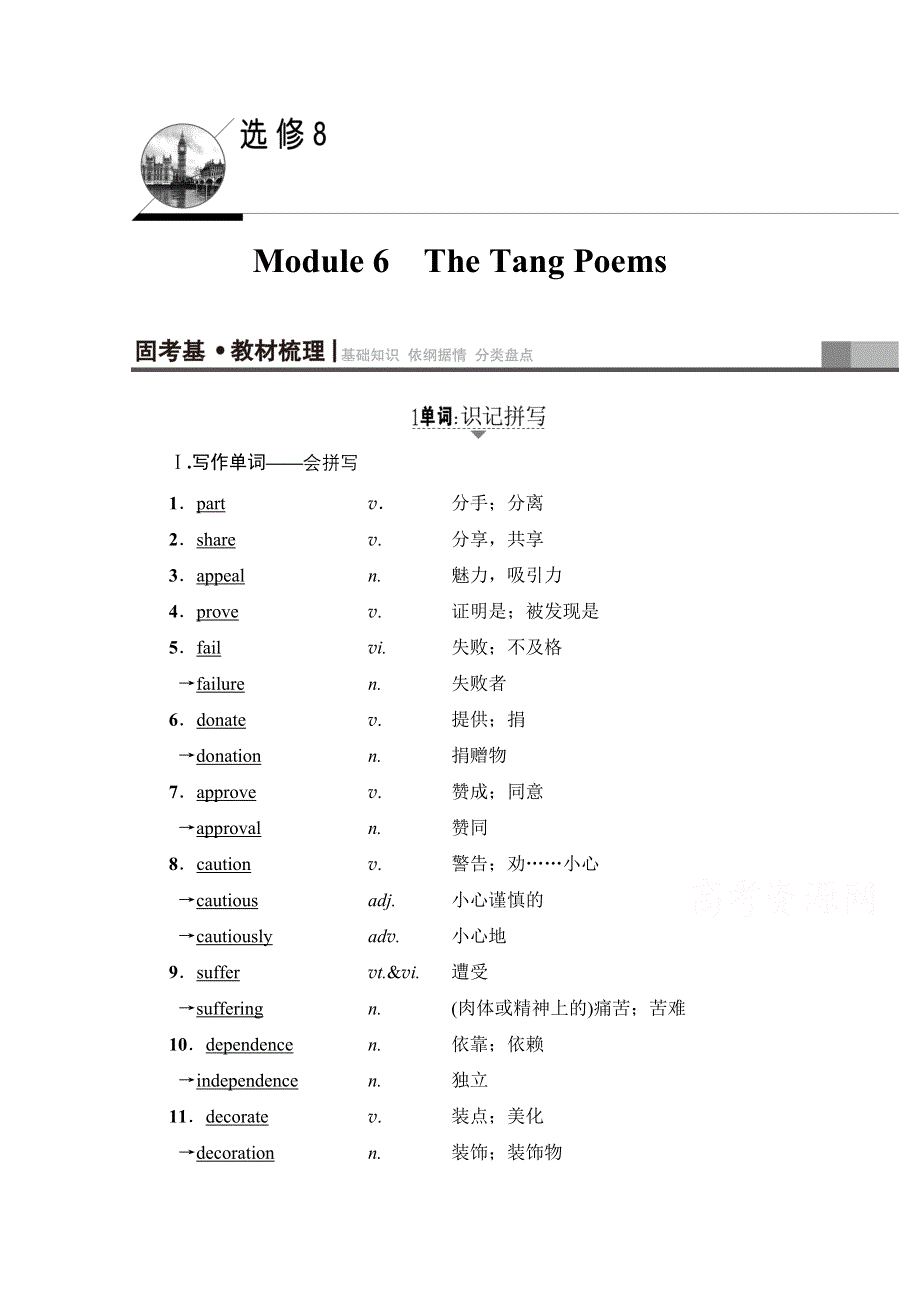 2018届高三英语外研版一轮复习文档 第1部分 选修8 MODULE 6　THE TANG POEMS 教师用书 WORD版含答案.doc_第1页