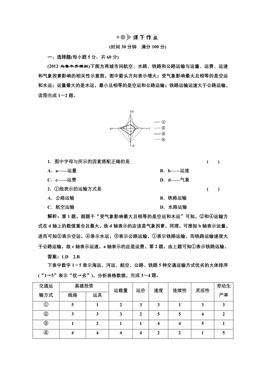 2013届高考地理一轮复习课下作业：第十章 第一讲 交通运输方式和布局.doc_第1页