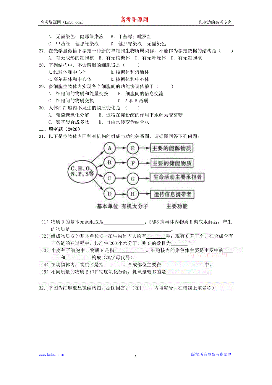 四川省德阳三中2015-2016学年高一上学期期中考试生物试题 WORD版无答案.doc_第3页