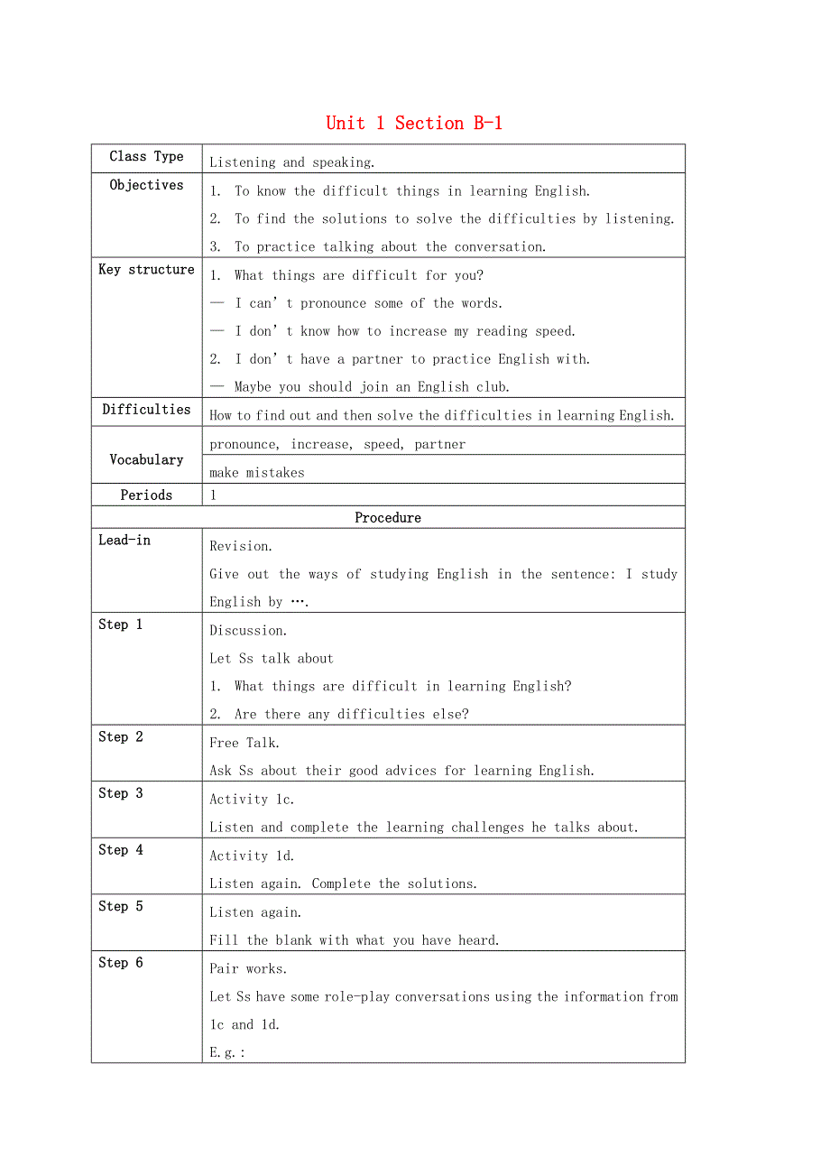 2021九年级英语全册 Unit 1 How can we become good learners section B-1教案设计（新版）人教新目标版.doc_第1页