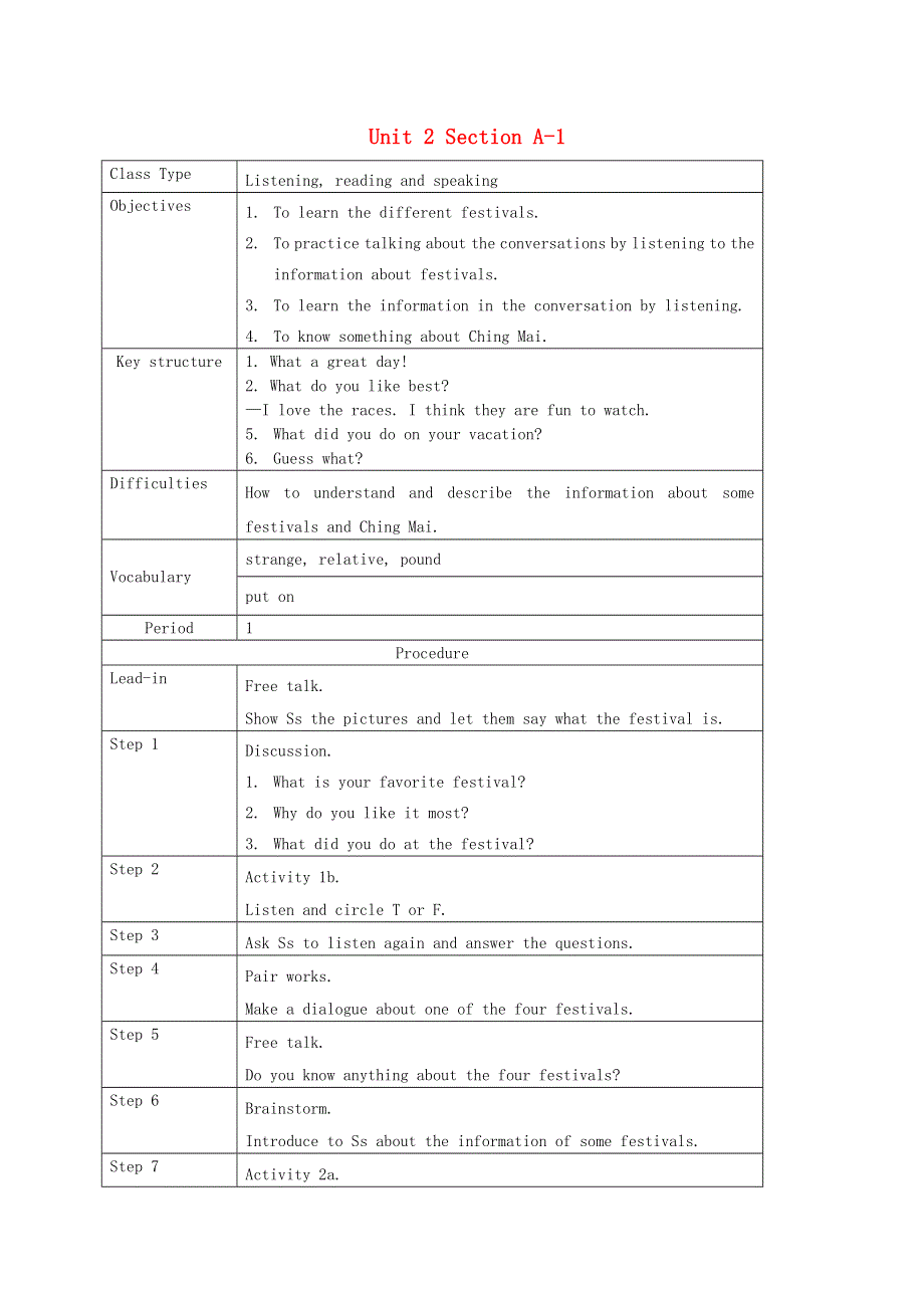 2021九年级英语全册 Unit 2 I think that mooncakes are delicious Section A-1 教案设计（新版）人教新目标版.doc_第1页