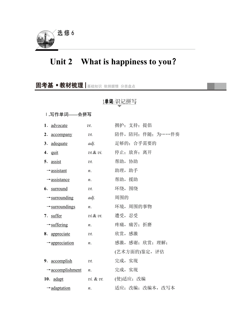 2018届高三英语译林牛津版一轮复习教师用书：第1部分 选修6 UNIT 2　WHAT IS HAPPINESS TO YOU？ .doc_第1页