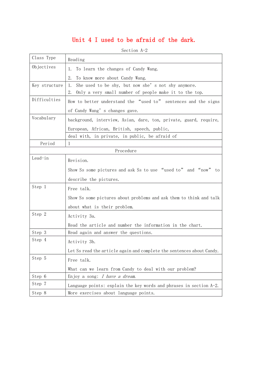 2021九年级英语全册 Unit 4 I used to be afraid of the dark Section A-2 教案设计（新版）人教新目标版.doc_第1页