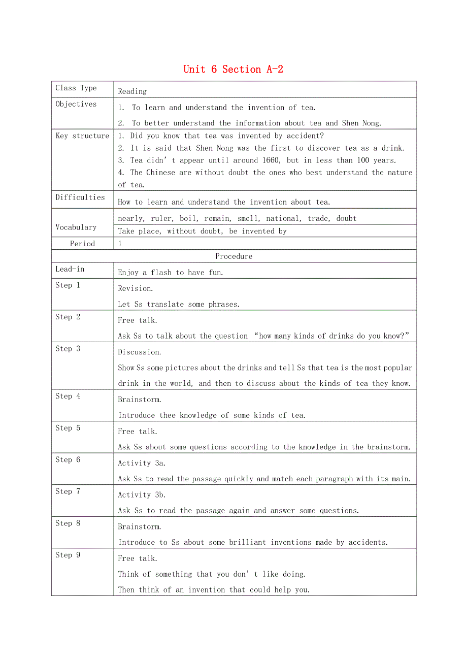 2021九年级英语全册 Unit 6 When was it invented Section A-2 教案设计（新版）人教新目标版.doc_第1页