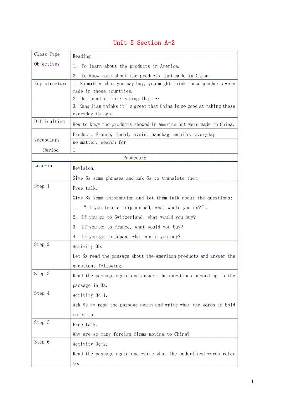 2021九年级英语全册 Unit 5 What are the shirts made of Section A-2 教案设计（新版）人教新目标版.doc_第1页