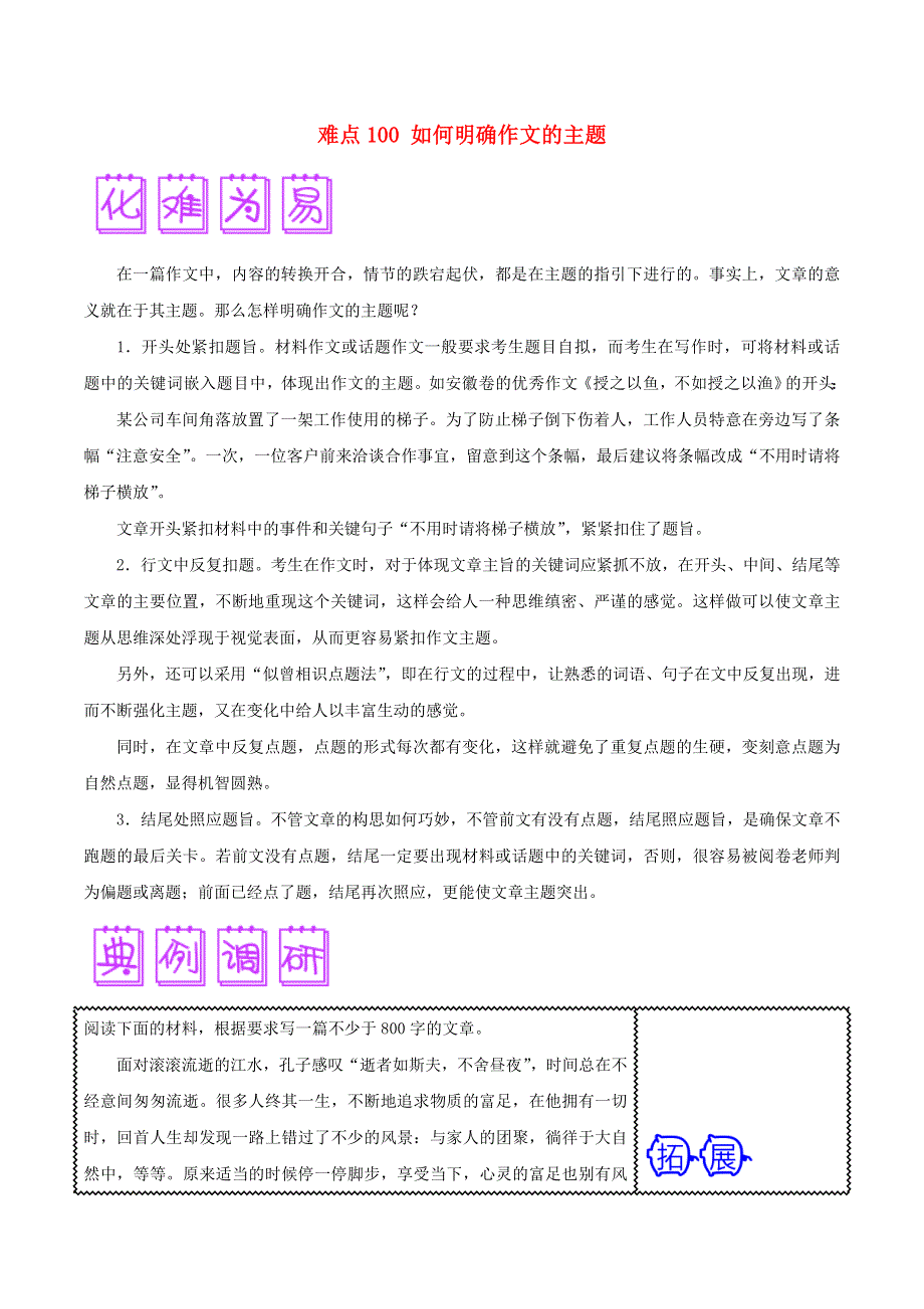 2018届高三语文难点突破100题 难点100 如何明确作文的主题.doc_第1页