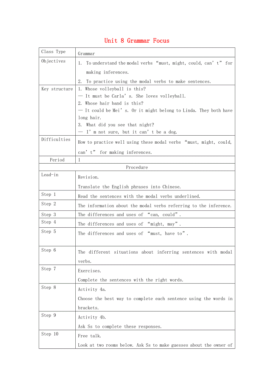 2021九年级英语全册 Unit 8 It must belong to Carla Grammar Focus 教案设计（新版）人教新目标版.doc_第1页