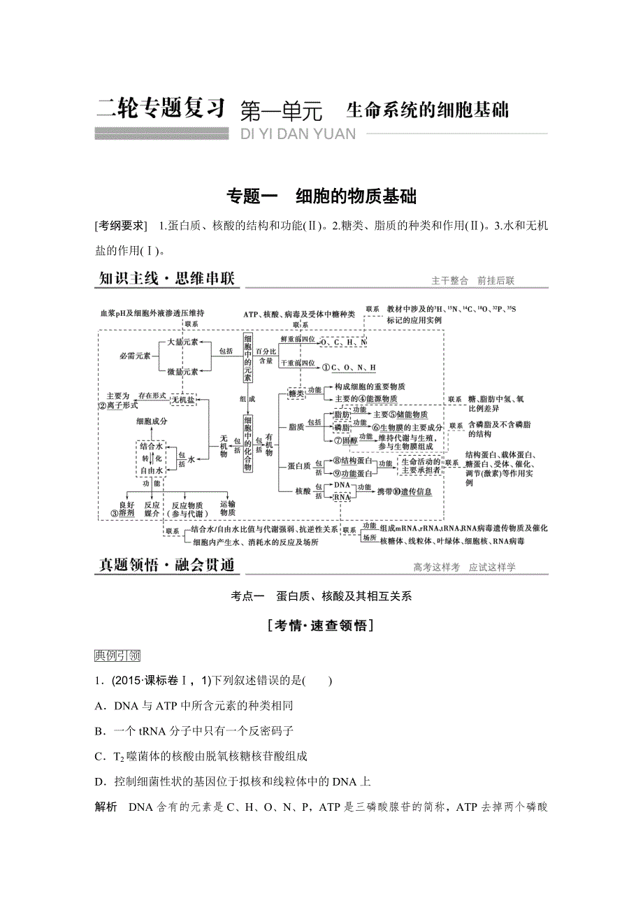 《创新设计》2016高考生物全国通用二轮专题复习练习：第一单元生命基础的细胞选择 WORD版含答案.doc_第1页