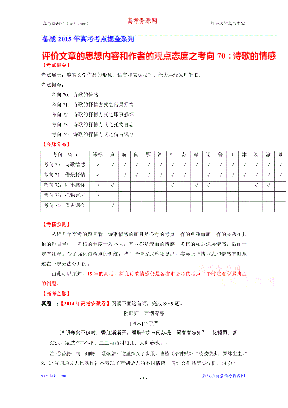 2015年高考语文考点总动员专题70 评价文章的思想内容和作者的观点态度之诗歌情感（原卷版）.doc_第1页