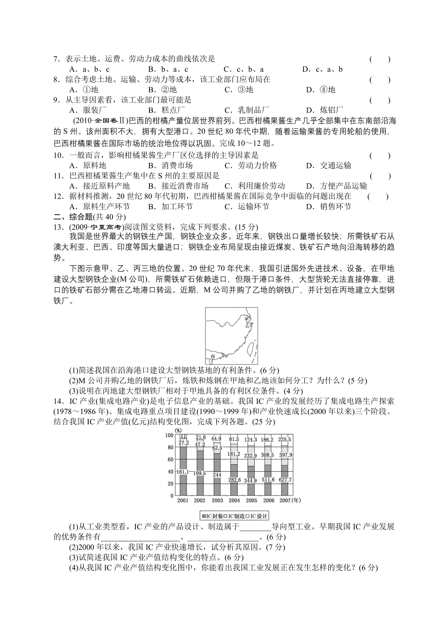 2013届高考地理一轮复习（人教新课标版）同步跟踪训练（21）工业的区位选择.doc_第2页