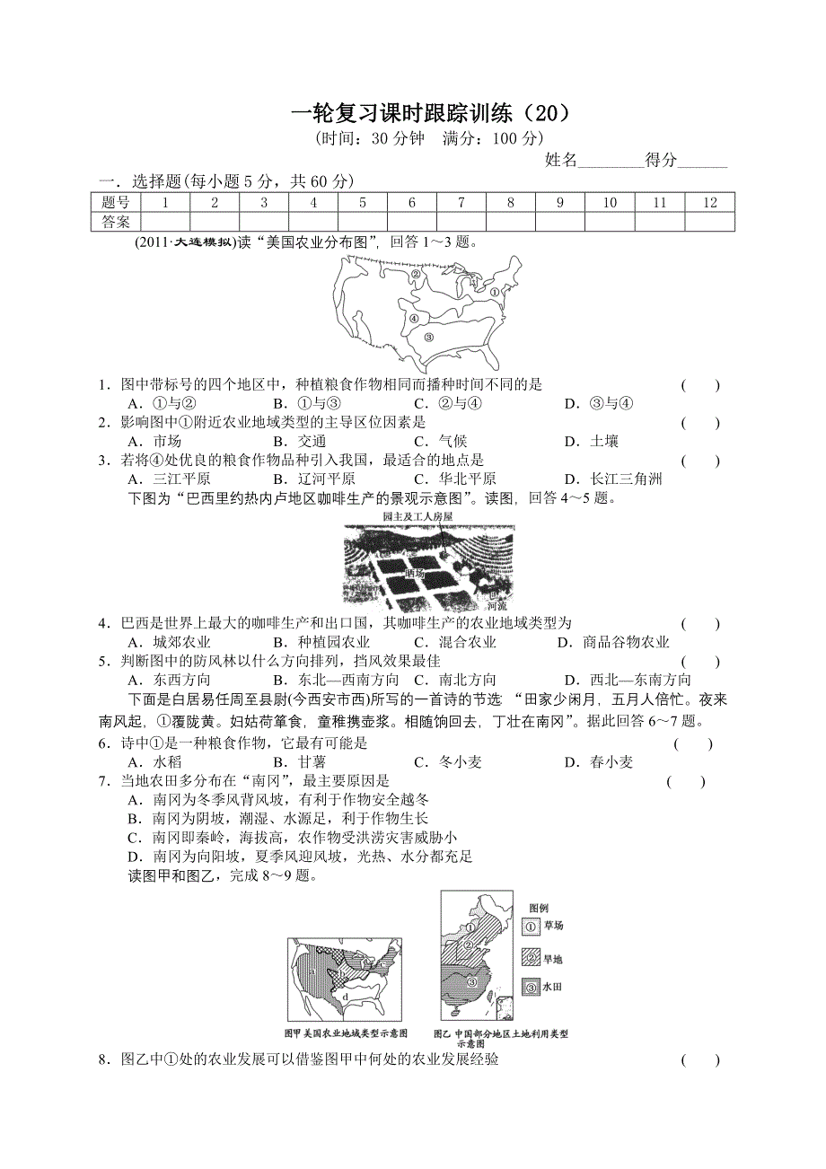 2013届高考地理一轮复习（人教新课标版）同步跟踪训练（20）农业地域类型.doc_第1页