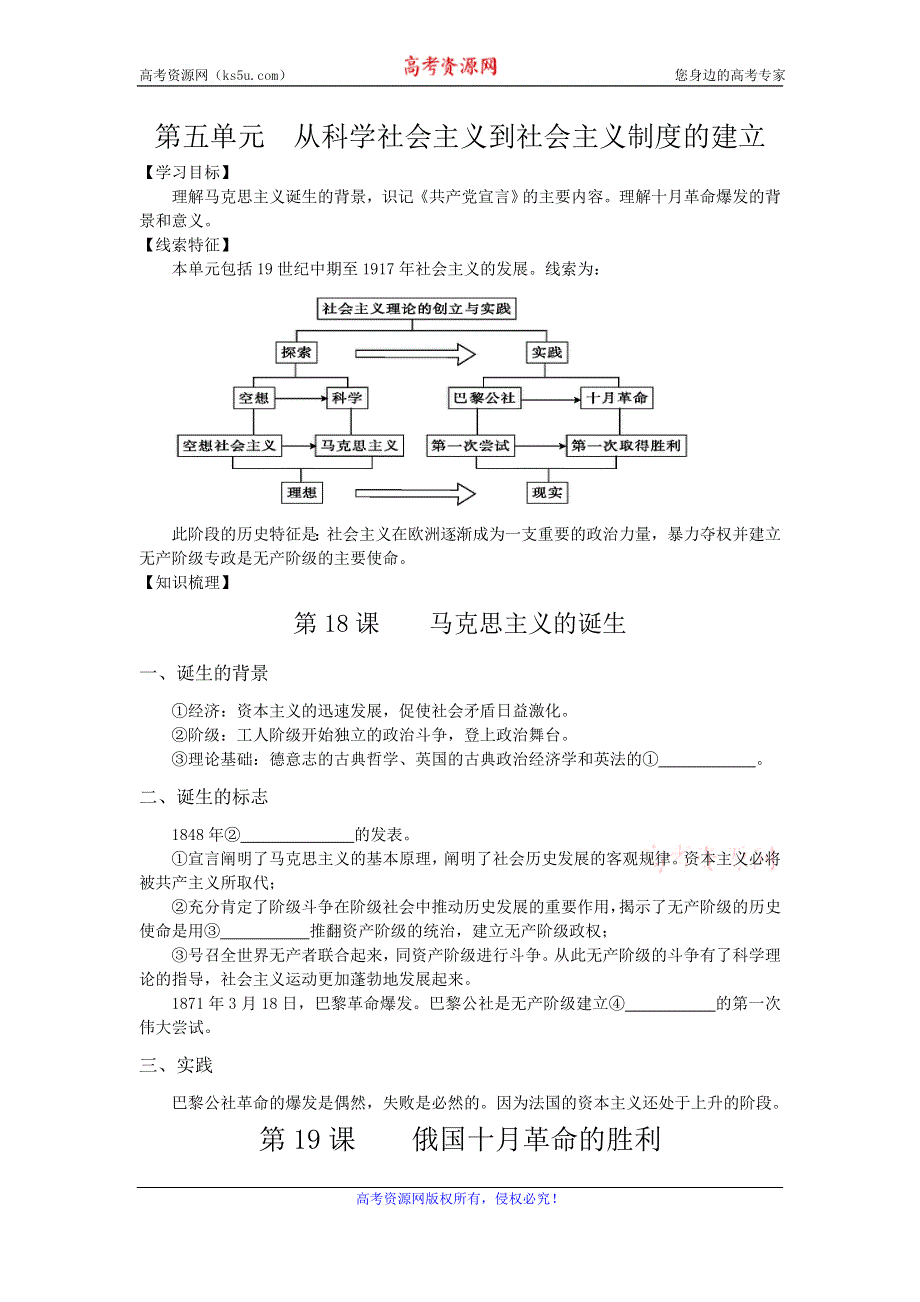 《好教育》2016-2017学年高一人教版历史必修一复习方案：第五单元 从科学社会主义到社会主义制度的建立 WORD版含答案.doc_第1页