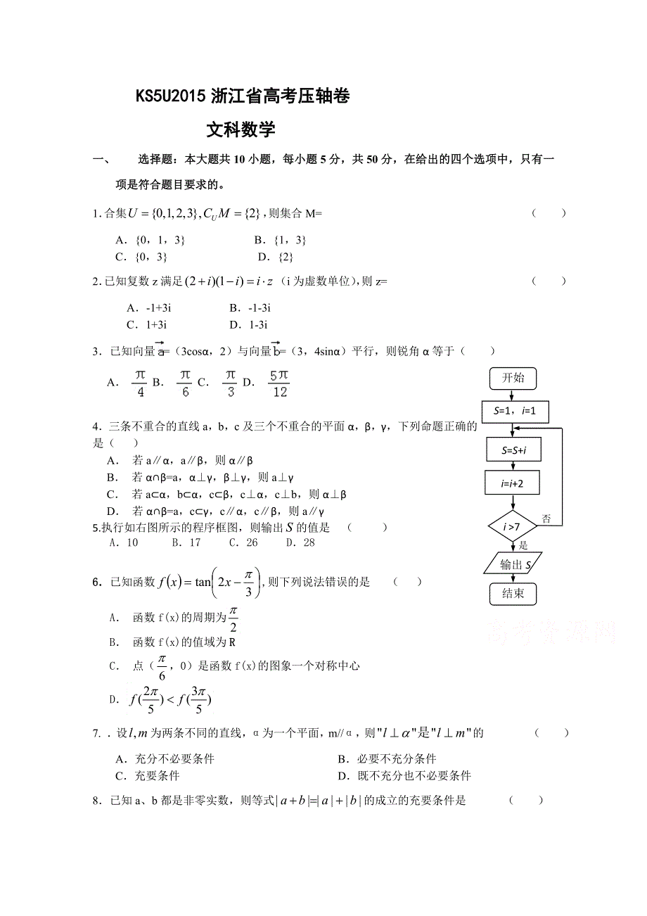 2015浙江省高考压轴卷 文科数学 WORD版含答案.doc_第1页