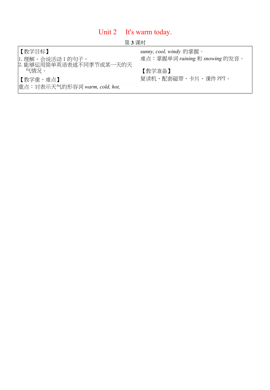 2022三年级英语下册 Module 7 Unit 2 It's warm today第3课时教案 外研版（三起）.doc_第1页