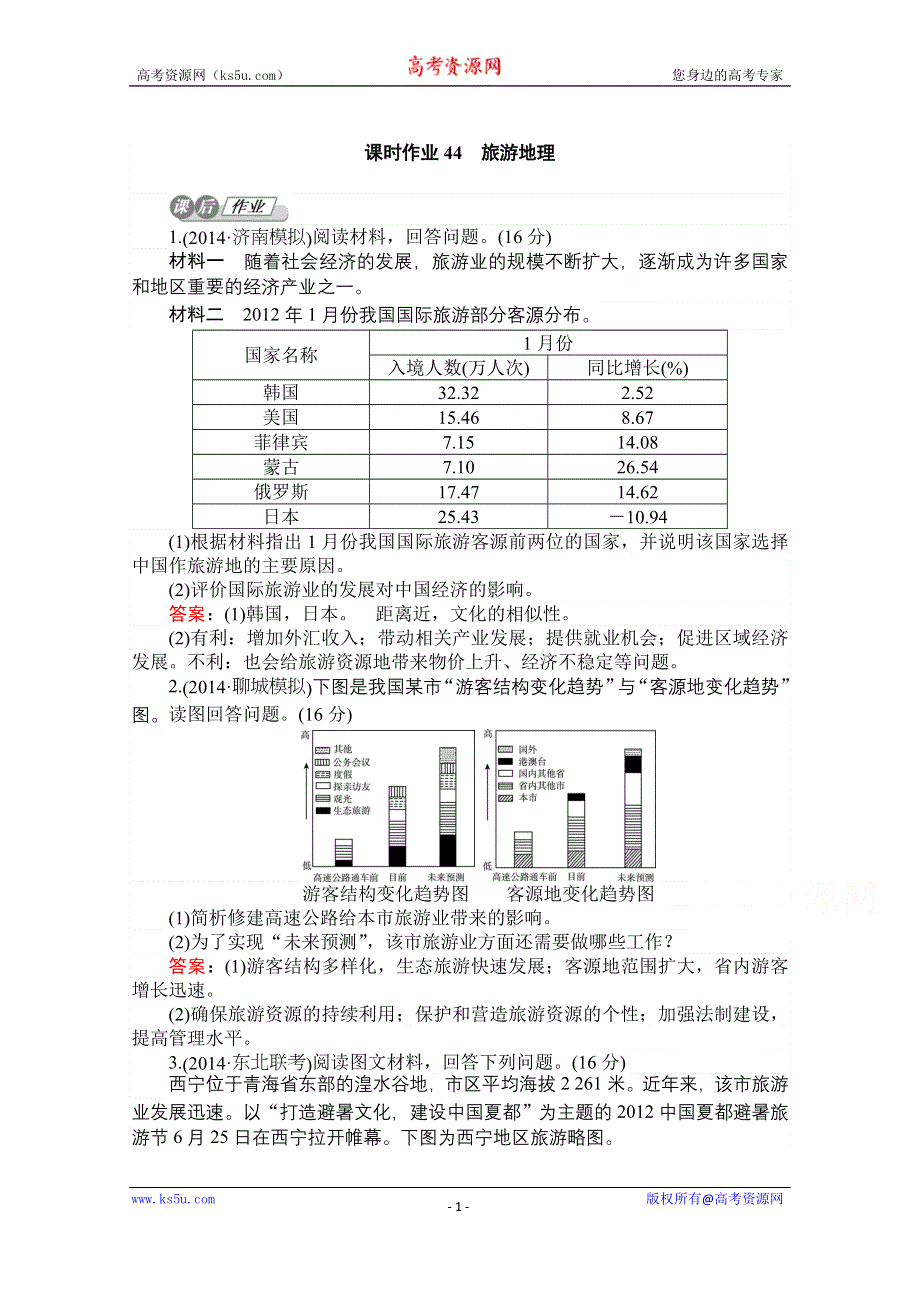 2015湘教版《师说》地理总复习 旅游地理 课时作业44 WORD版含解析.doc_第1页