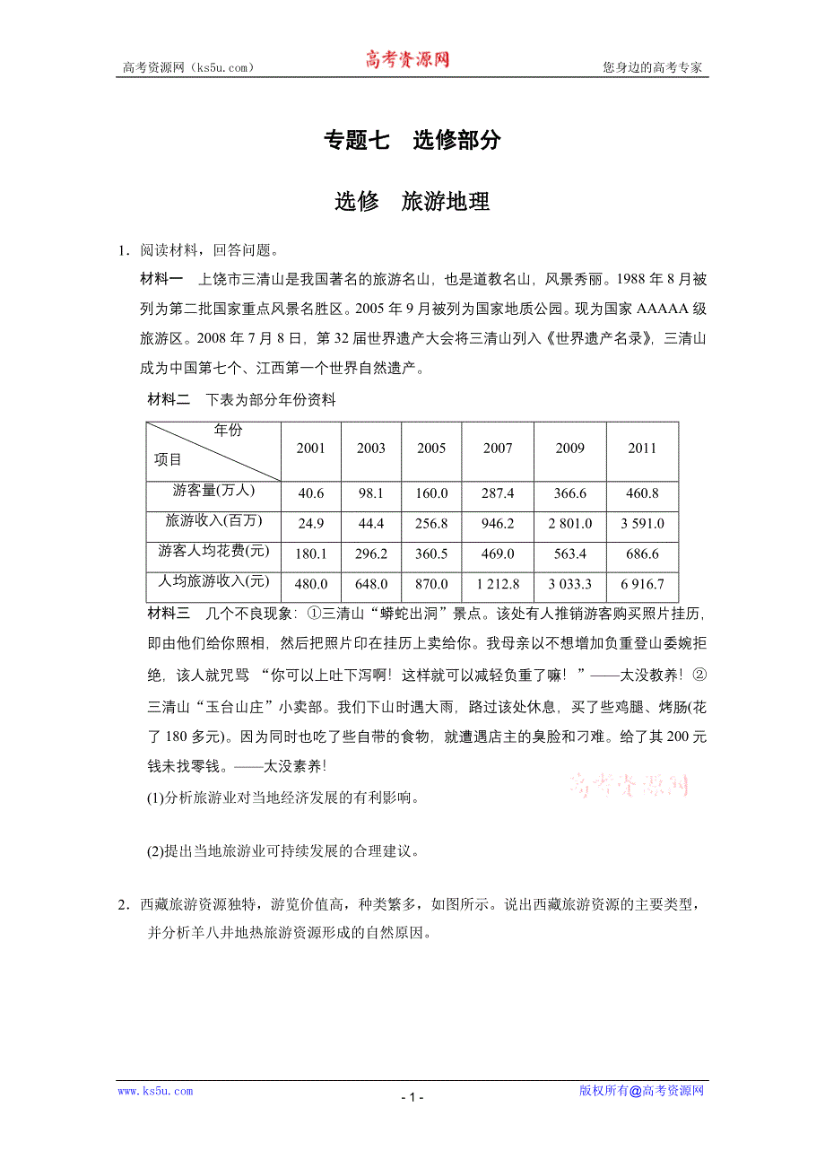 2013届高考地理二轮复习专题突破练：专题七 旅游地理.doc_第1页