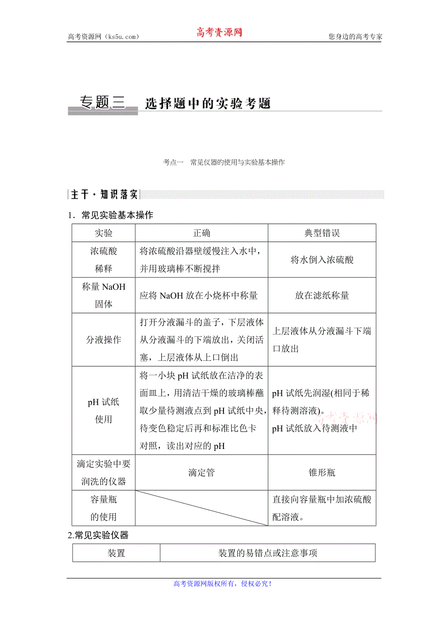 2020届江苏高考化学二轮复习教师用书：专题一　常见仪器的使用与实验基本操作 WORD版含解析.doc_第1页