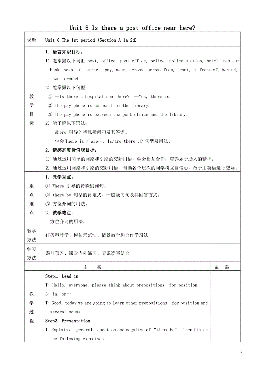 人教七下英语Unit 8 Is there a post office near here教学设计2.doc_第1页