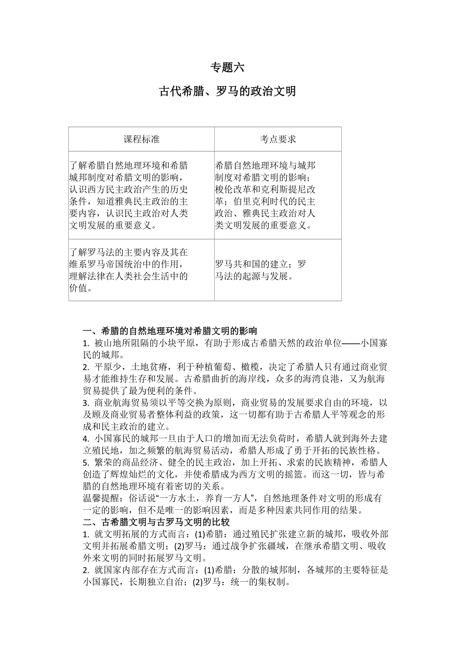 2011高考总复习历史学案练案一体化：专题六 古代希腊、罗马的政治文明（人民版必修1）.doc_第1页