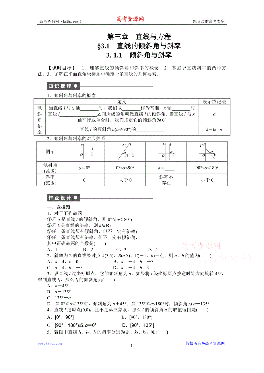 《学案导学与随堂笔记》2015-2016学年人教A版必修二数学《课时作业与单元检测》第3章 直线与方程 3.1.1.docx_第1页