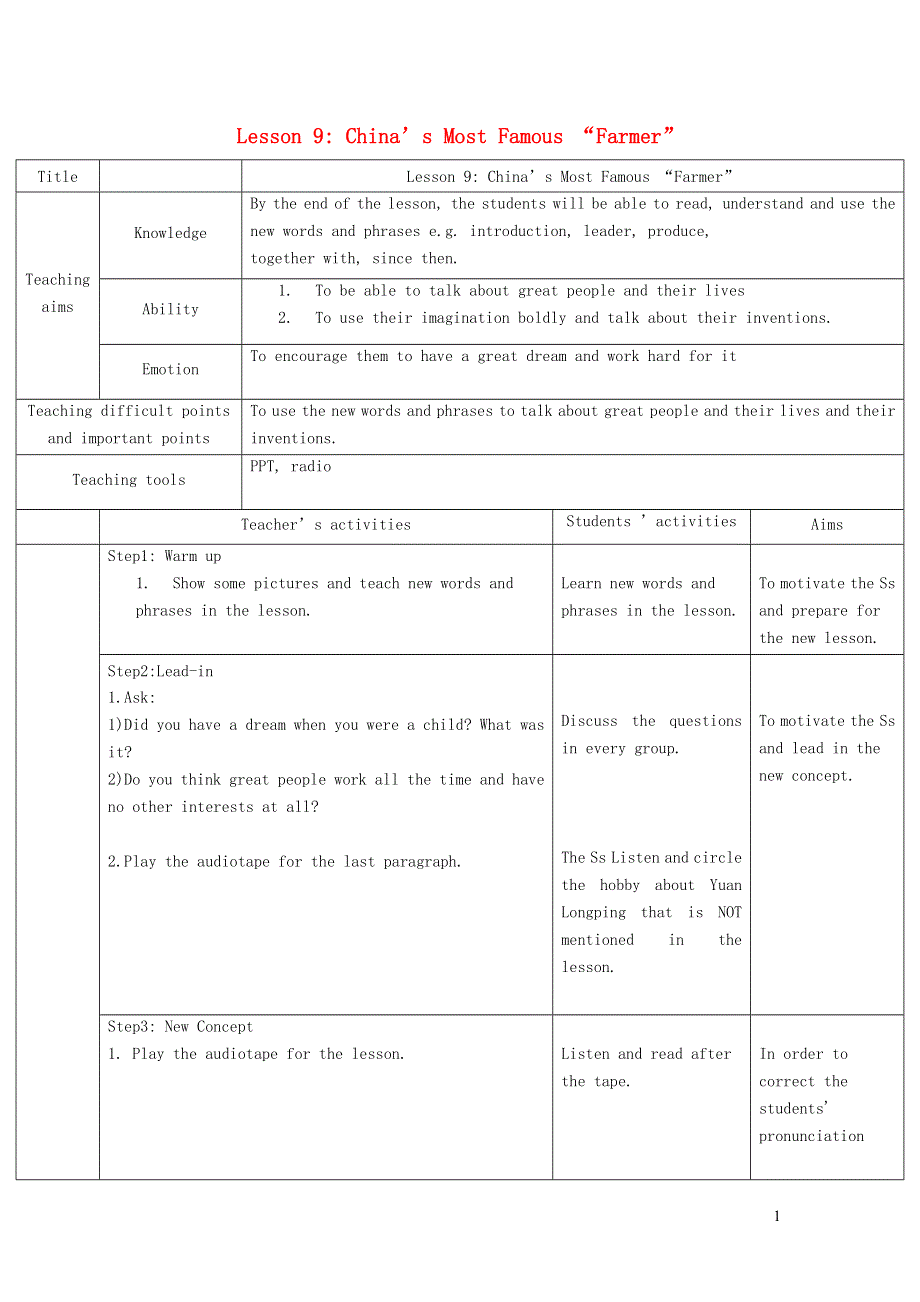 2021九年级英语上册 Unit 2 Great People Lesson 9 China’s Most Famous Farmer教学设计（新版）冀教版.doc_第1页
