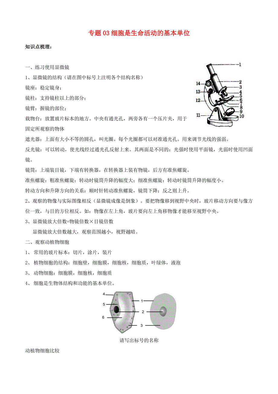 2020学年七年级生物上册 专题03 细胞是生命活动的基本单位知识梳理及训练（含解析）（新版）新人教版.doc_第1页