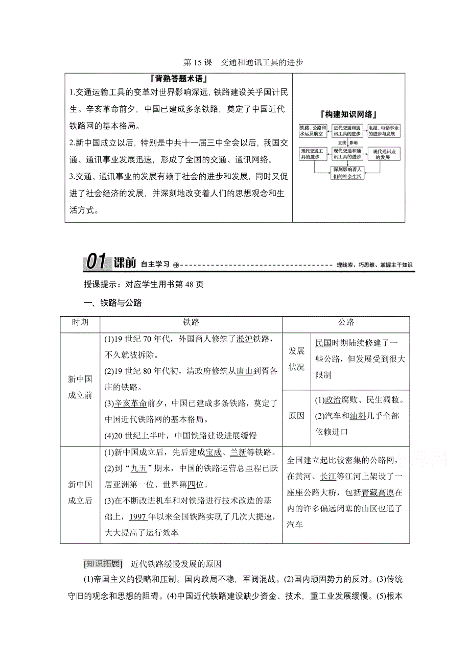 2020-2021学年人教版历史必修2配套学案：第五单元 第15课　交通和通讯工具的进步 WORD版含解析.doc_第1页