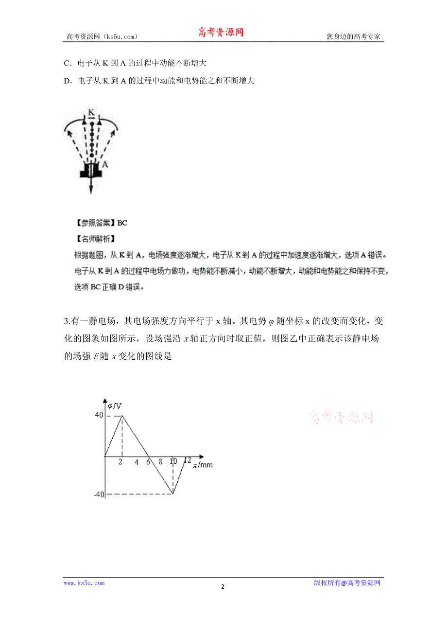 2015年高校自主招生物理辅导讲义及模拟训练：专题07 静电场（模拟训练）（解析版） WORD版含解析.doc_第2页