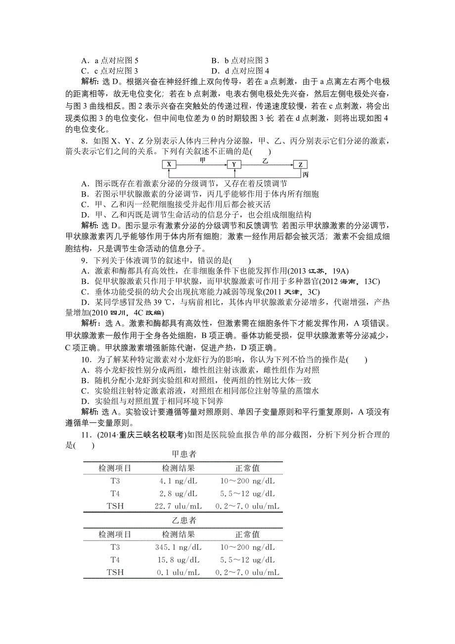 2015年高考总复习（第二轮）&生物（渝闽专用）：专题五第1讲人和动物生命活动的调节 课时演练知能提升.doc_第3页