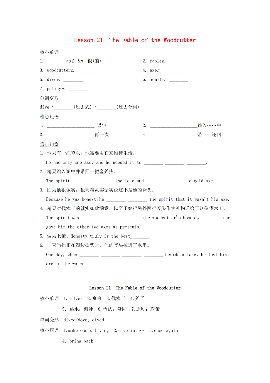 2021九年级英语上册 Unit 4 Stories and poems Lesson 21 The Fable of the Woodcutter背记手册（新版）冀教版.doc_第1页