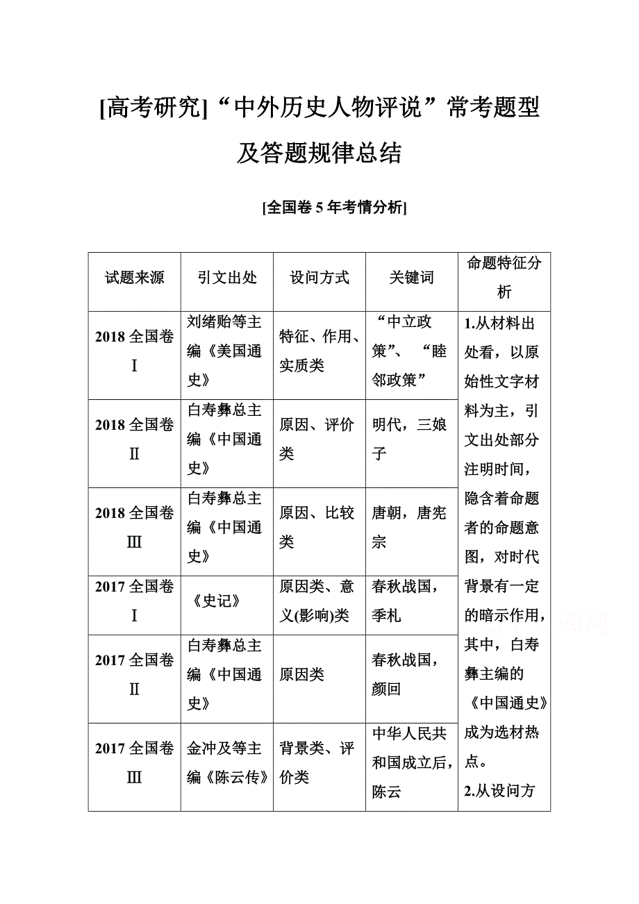 2020届 金版学案高考历史一轮总复习习题：选修四 《高考研究》“中外历史人物评说”常考题型及答题规律总结 WORD版含解析.doc_第1页