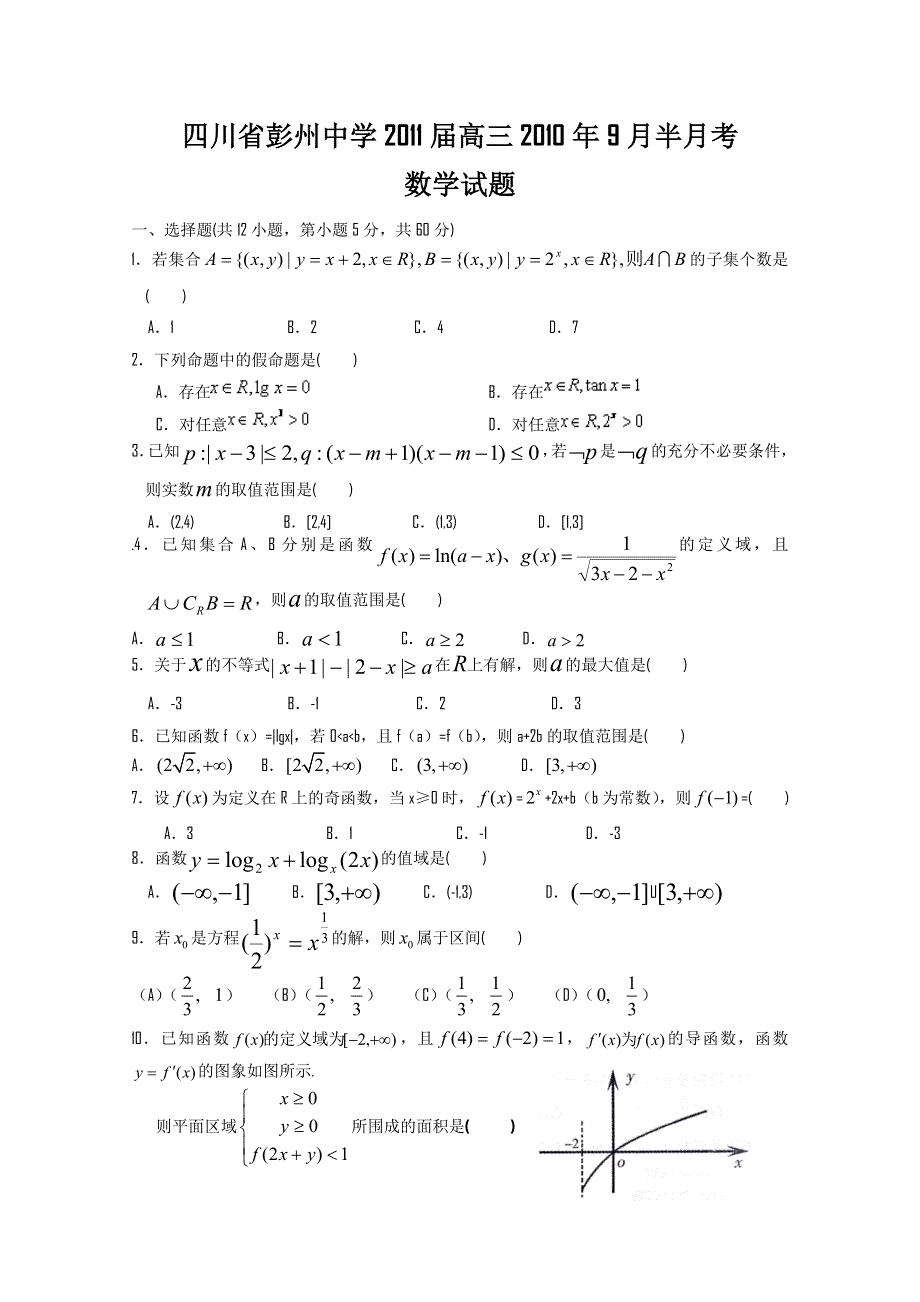 四川省彭州中学2011届高三9月月考数学试题（无答案）.doc_第1页