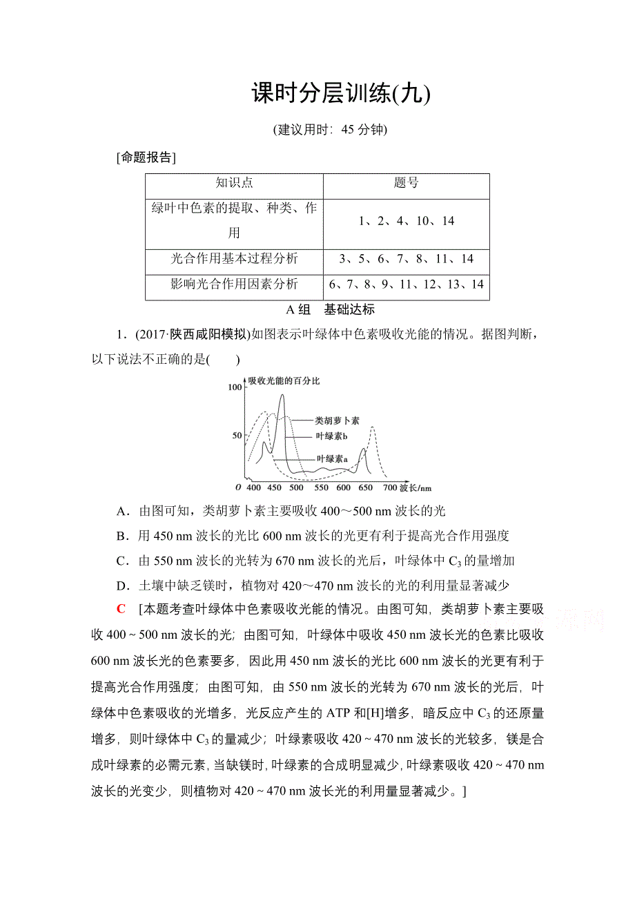 2018届高三苏教版生物一轮复习练习 必修1 第3单元 第2讲 课时分层训练9 WORD版含答案.doc_第1页