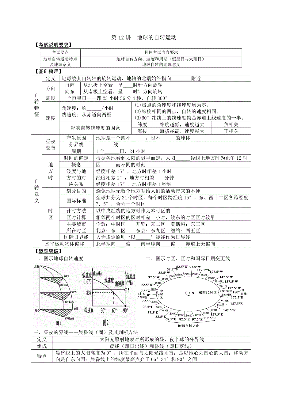 2013届高考地理一轮全程复习（湘教版）方案第12讲 地球的自转运动.doc_第1页