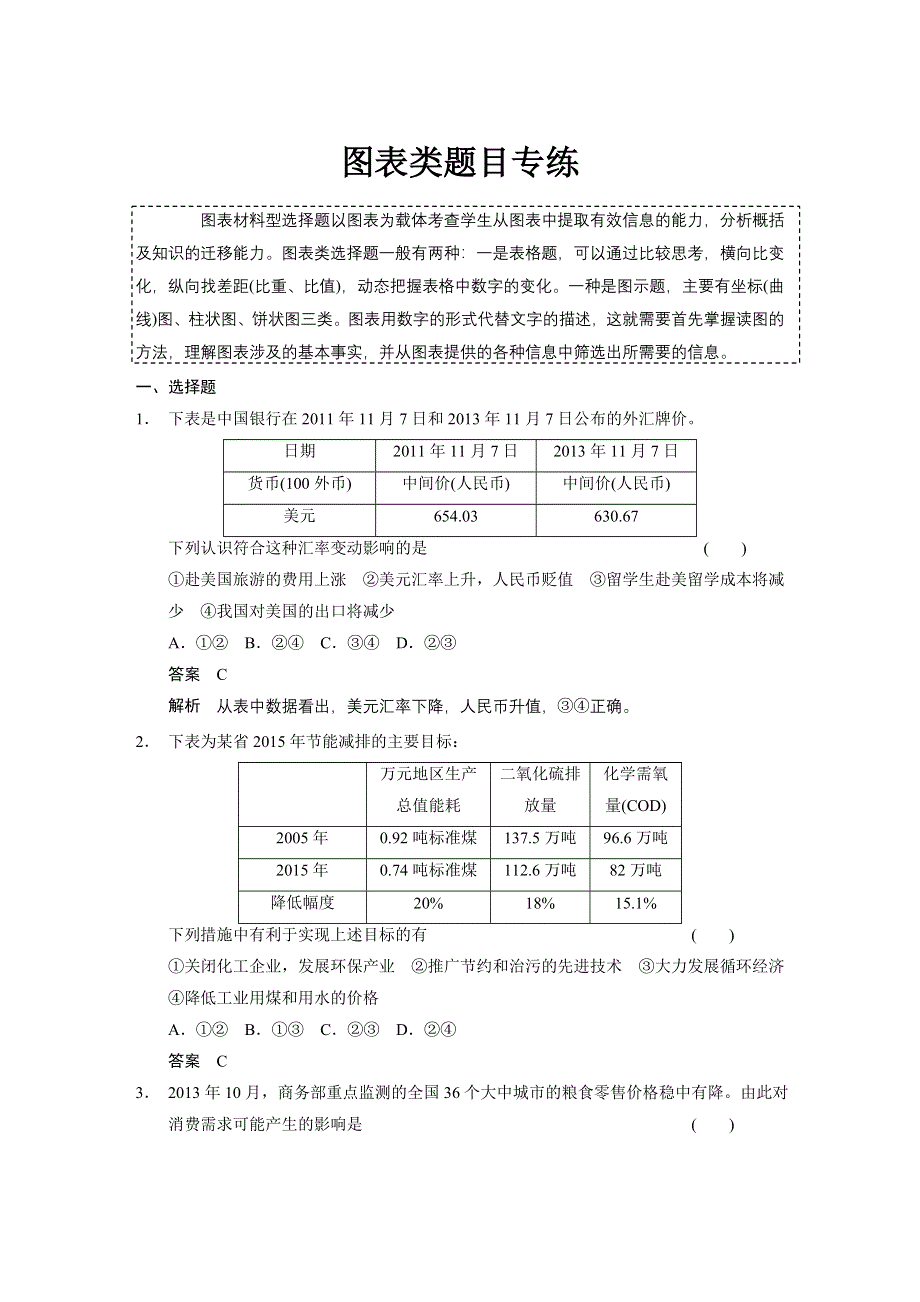 2015年高考政治一轮总复习配套文档：第4单元 图表类题目专练.doc_第1页